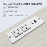 Recessed USB C Power Strip 2 Outlets 2 USB Ports PD20W QC18W 6FT Flat Plug Extension Cord White