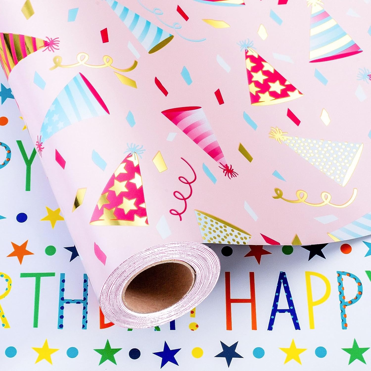 Birthday Hat Wrapping Paper, Reversible Happy Birthday Design Gift Wrap For Baby Shower, Valentines, Mothers Day, Graduation, Wedding, Fathers Day, Christmas (17 Inch X 32.8 Feet)