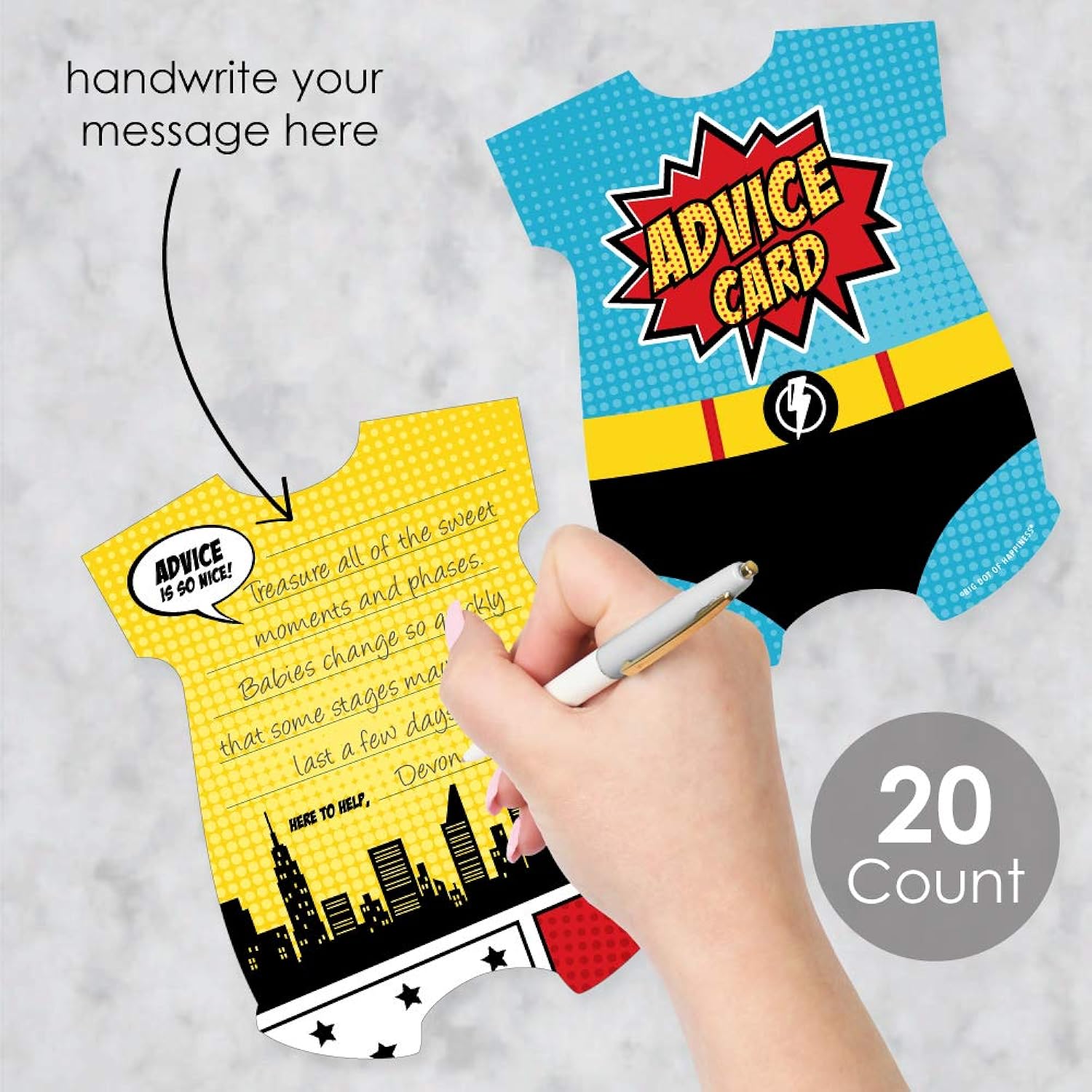 Big Dot of Happiness Bam Superhero - Comic Book Wish Card Baby Shower Activities - Shaped Advice Cards Game - Set of 20