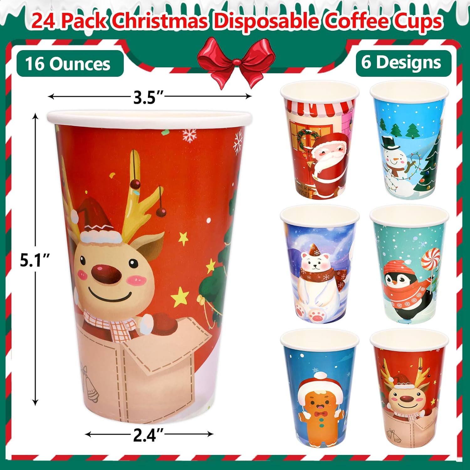24 Pcs 16 Ounces Christmas Disposable Coffee Cups Merry Christmas Paper Cups With Lids And Sleeves For Holiday Cold Beverage Hot Chocolate Drinks Xmas Dinner Party Tableware Decorations Supplies