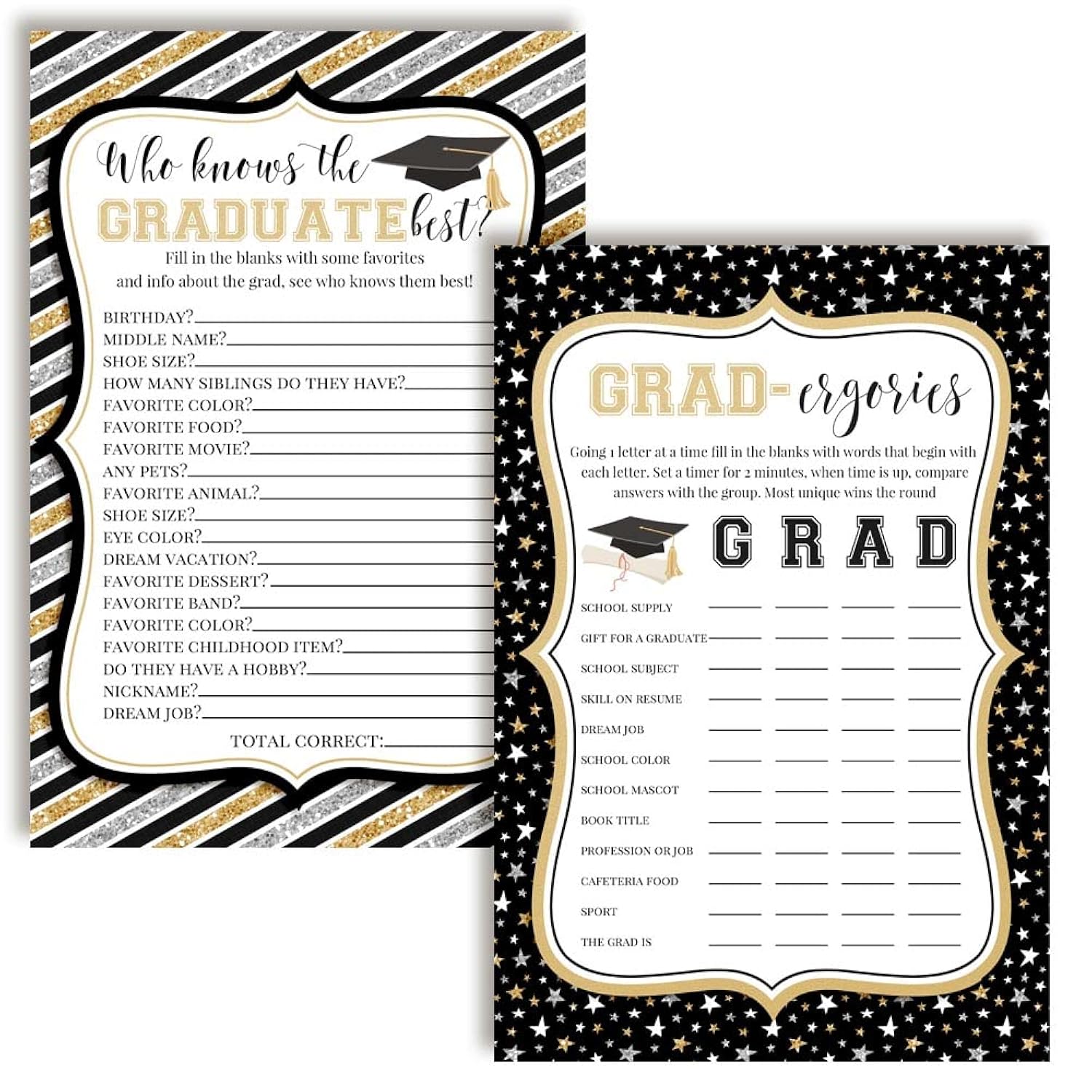 Graduation Who Knows The Graduate Best & Gradergories Fill-In Game Cards, Twenty (20) 5" X 7" Game Cards Included