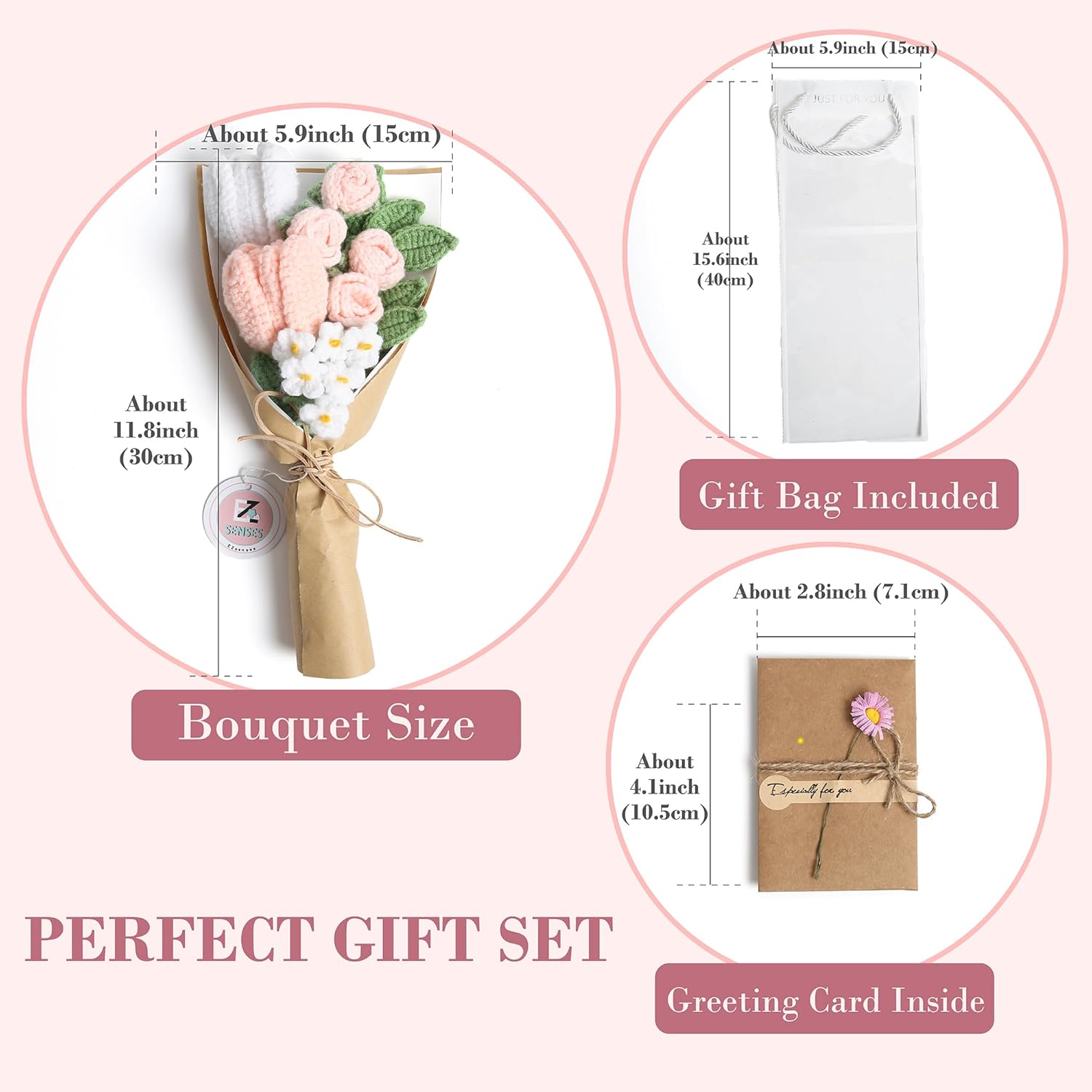 Crochet Flower Bouquet With Greeting Card And Gift Bag, Handmade Artificial Knitted Rose And Tulip In Soft Pink, Warm Faux Flowers Bouquet For Mother'S Day, Wedding, Birthdays, Valentine'S Day