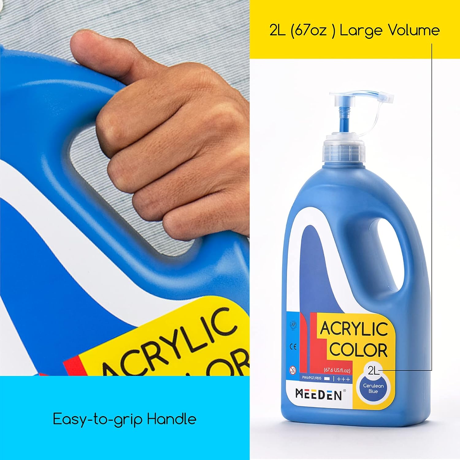 Cerulean Blue Acrylic Paint With Pump Lid, 1/2 Gallon (2L /67.6 Oz.) Soft Body Non-Toxic Rich Pigment Color, Perfect For Art Class, Wall Painting, Painting Party & Creative Diy