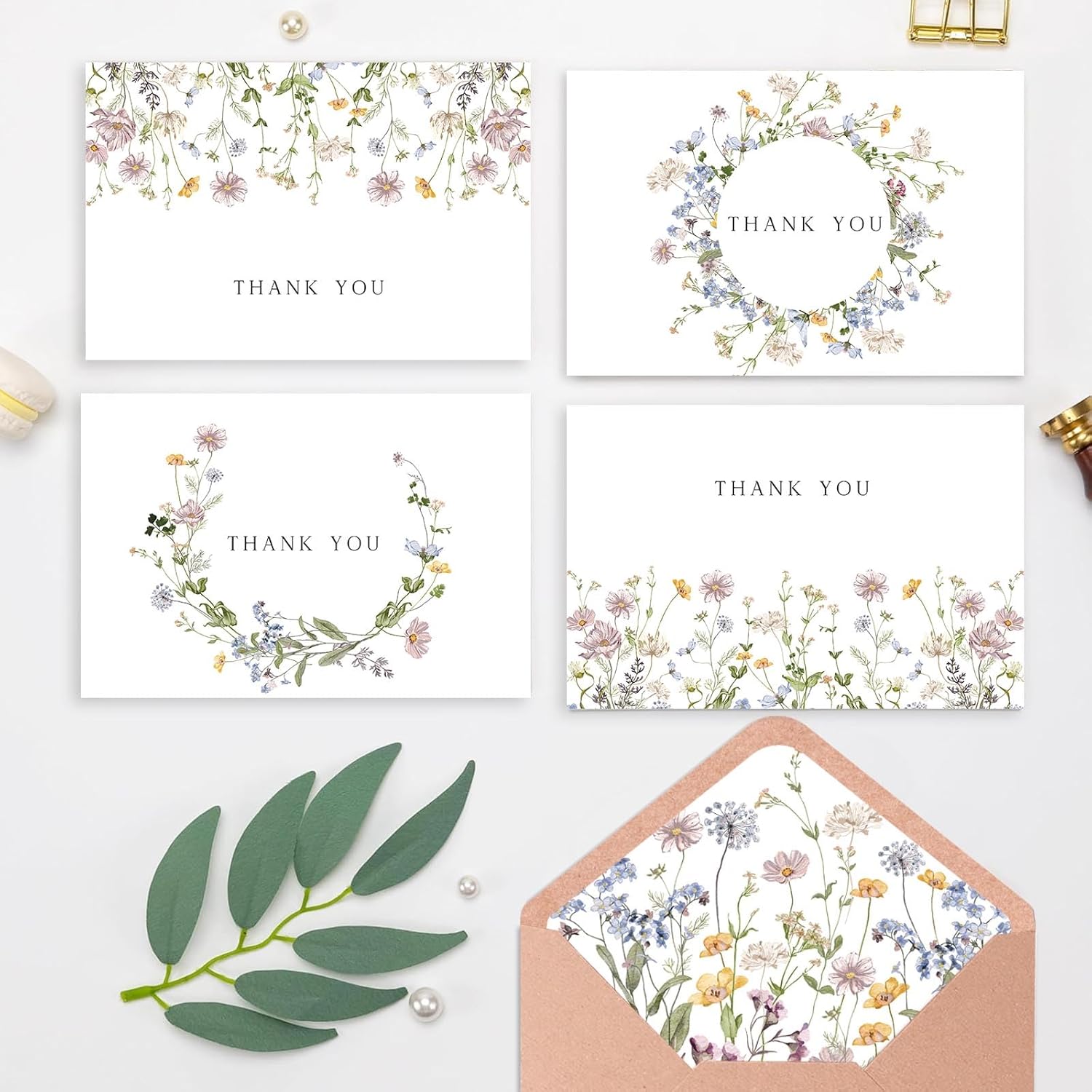 50 Pcs Wildflower Thank You Cards, 4X6 Inches Wildflower Thank You Cards With Adhesive Envelopes For Birthday Baby Shower Bridal Shower Wedding