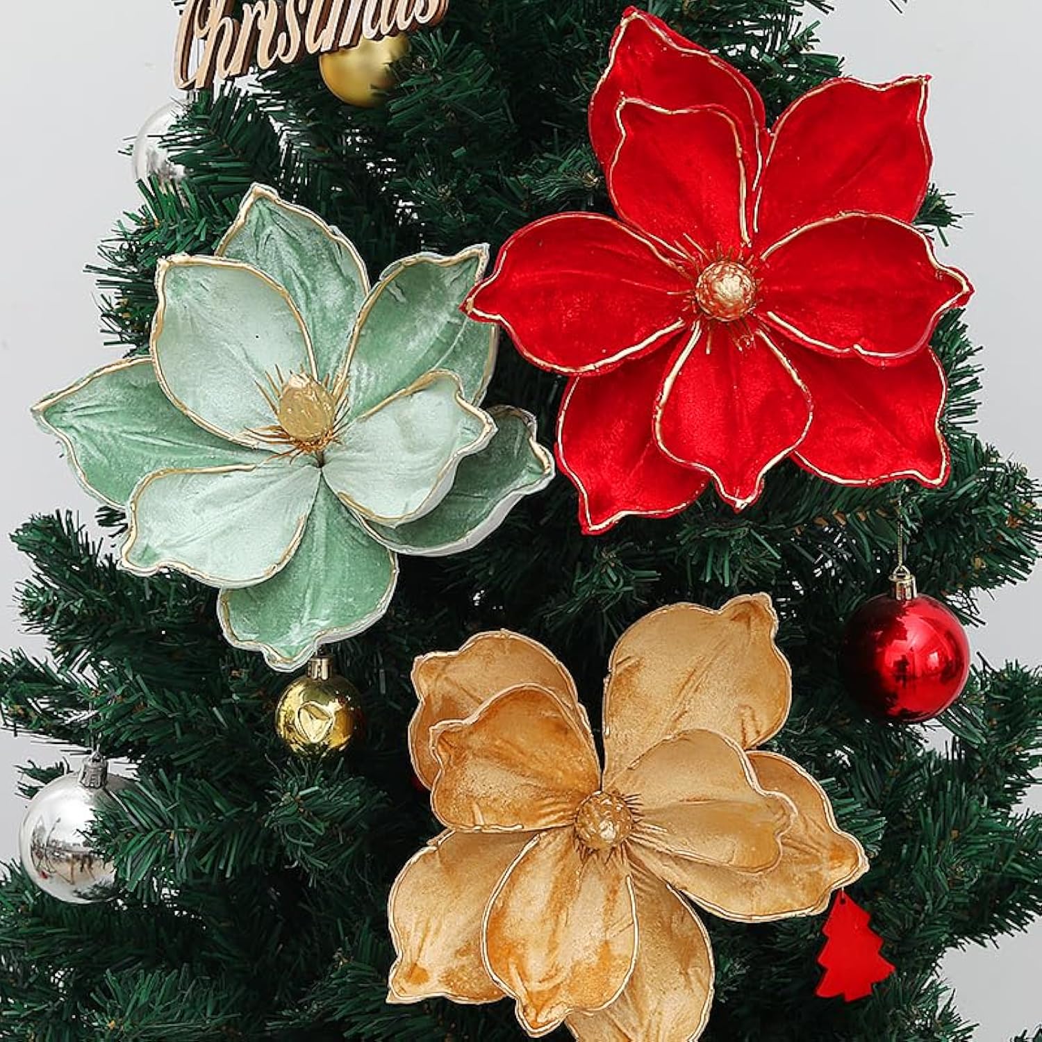 6Pcs Christmas Party Magnolia Flowers For Tree Artificial Poinsettia Flower Fake Magnolia Flower With Stems Floral Picks For Xmas Tree Wreath Wedding Party Diy Crafts (Green)