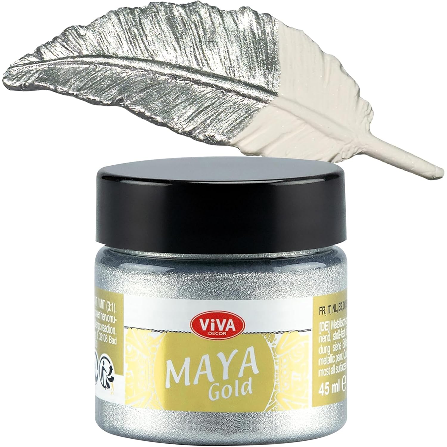 Viva Decor Maya Gold (Silver) 1.52 Fl Oz - Shiny metallic acrylic paint for creative works on wood, glass, and porcelain. Impact-resistant, smudge-proof, and weatherproof for long-lasting results