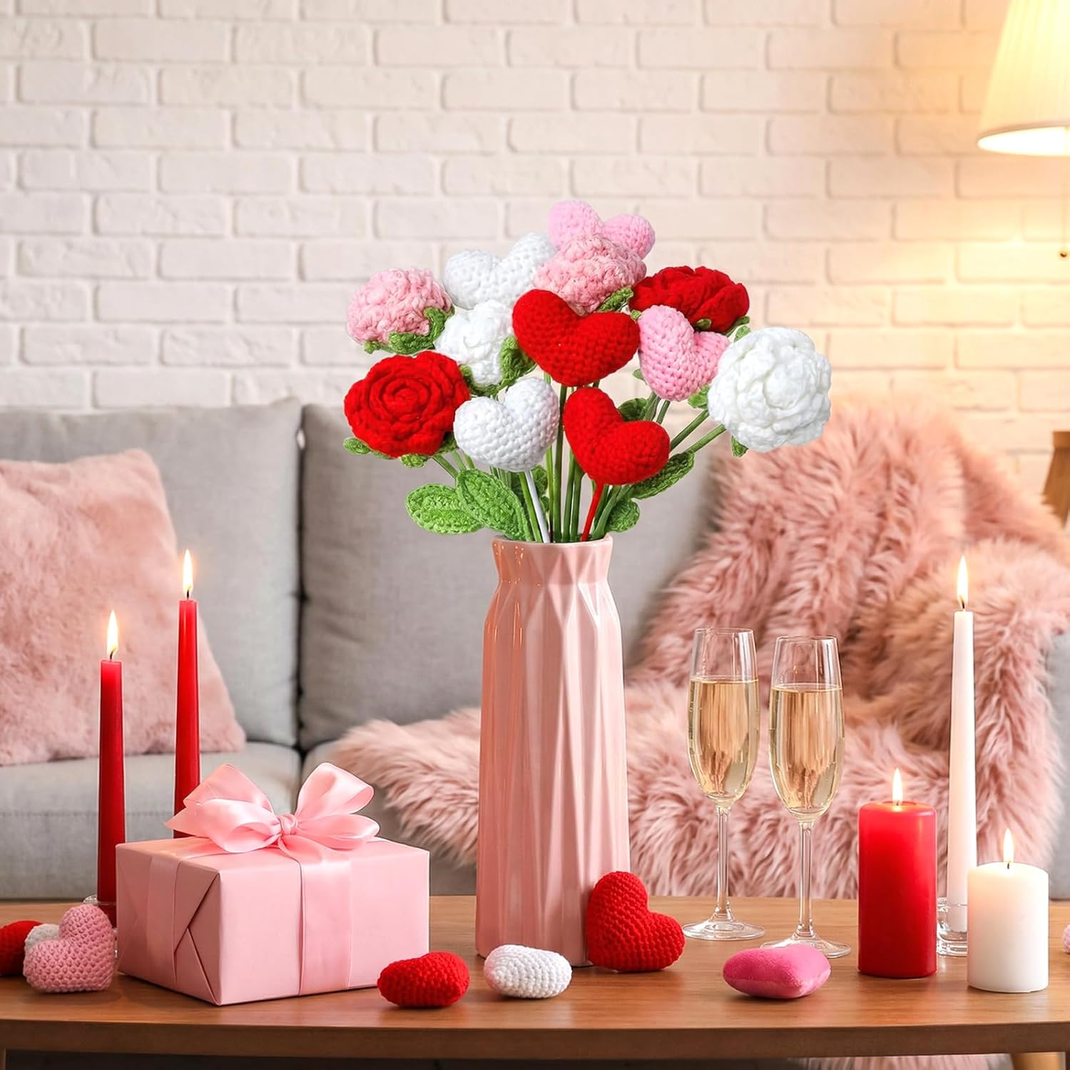 12 Pcs Crochet Heart Rose Handmade Knitted Flowers Valentine'S Day Heart Picks Knitted 16.5 Inch Red Pink White Valentine Vase Filler For Gift Artificial Bouquet Centerpiece Home Decor