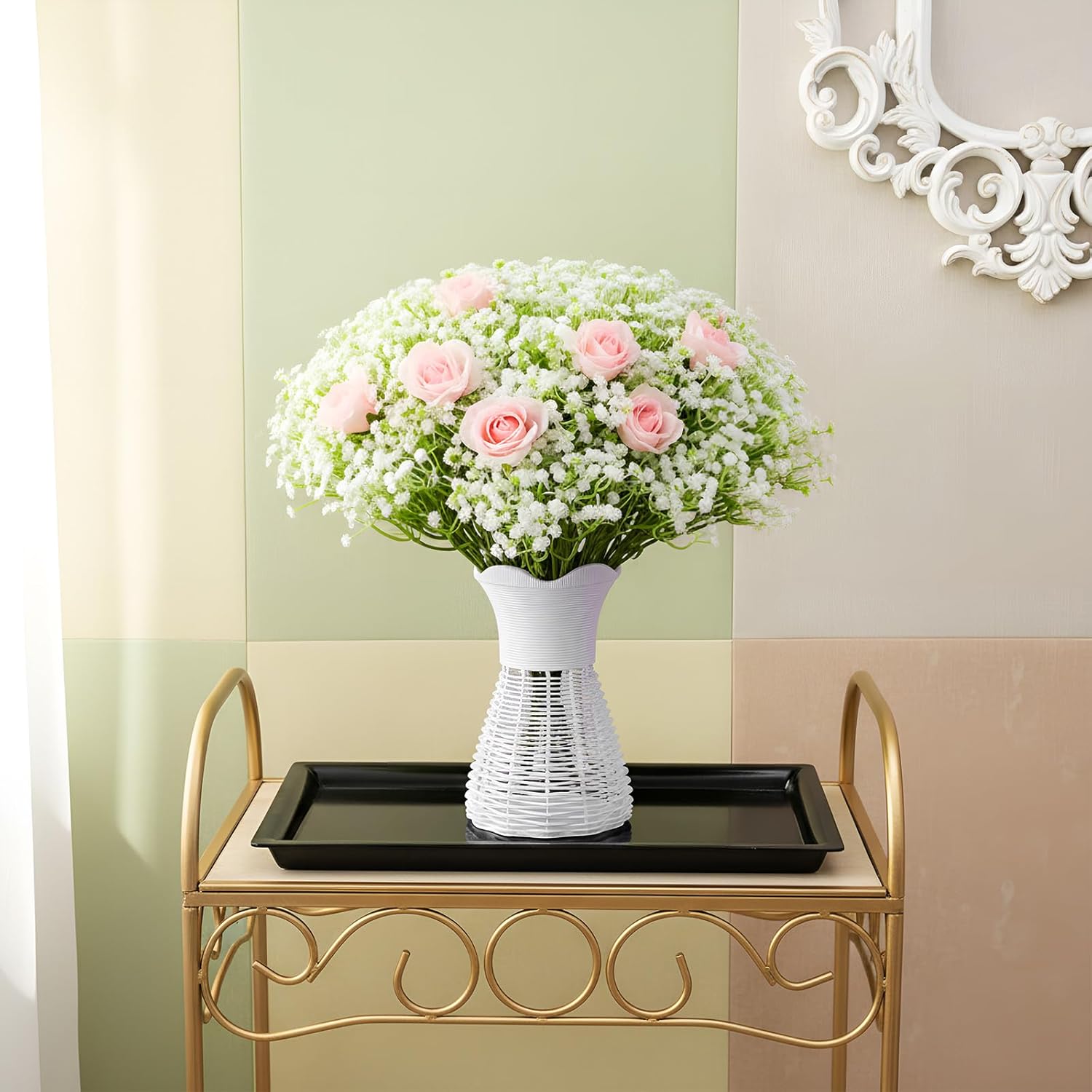 288 Pcs Babys Breath Artificial Flowers With 12 Pcs White Rattan Vase, Gypsophila Artificial Flowers Bulk Flower Vase Basket For Wedding Party Home Garden Table Decoration