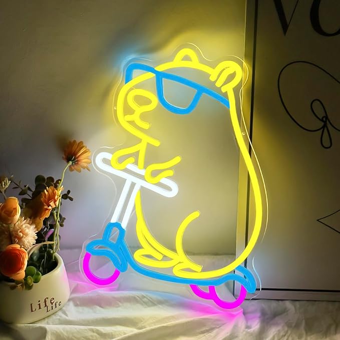 Capybara Neon Sign Dimmable LED Wall Light Cute Animal Scooter Decor for Bedroom Game Room Kids Room