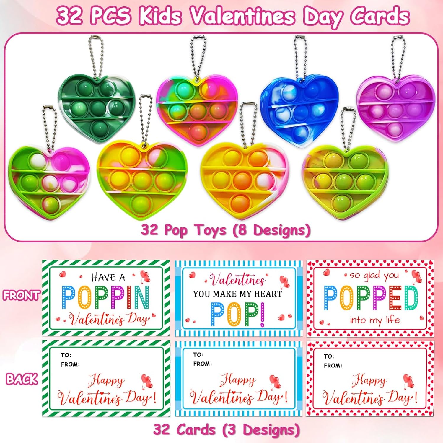 32 Pack Valentines Day Cards For Kids School, Pop It Valentines Cards For Kids, Classroom Bulk Gifts With Keychains Cards, Perfect For School Party Favors Class Exchanges