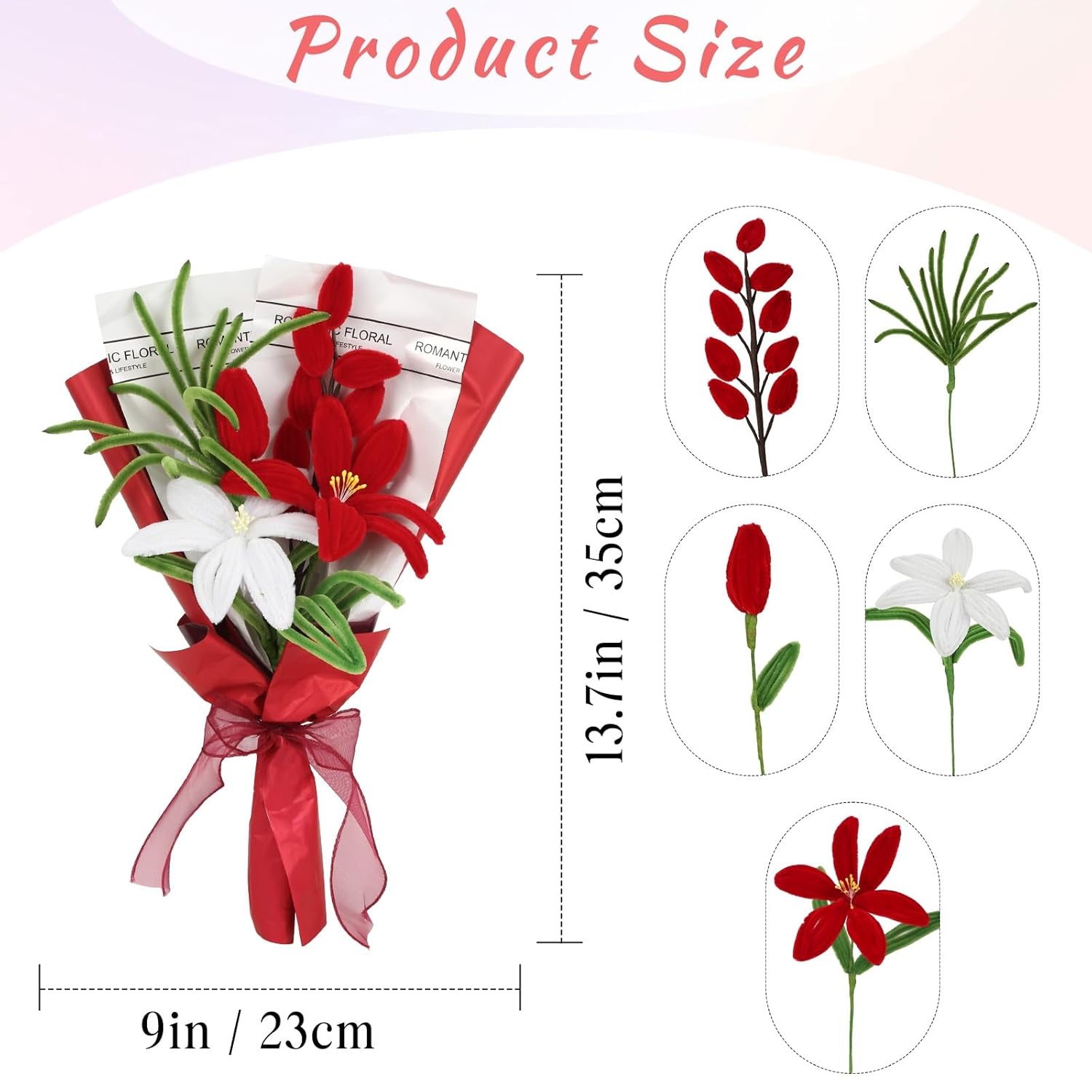 Red Handmade Artificial Lily Bouquet Twist Stick Combination Flower Crochet Flowers Bouquet Kit For Women Wife Lover Friends Anniversary Birthday Valentine'S Day Mother'S Day Graduation Gifts (Red)