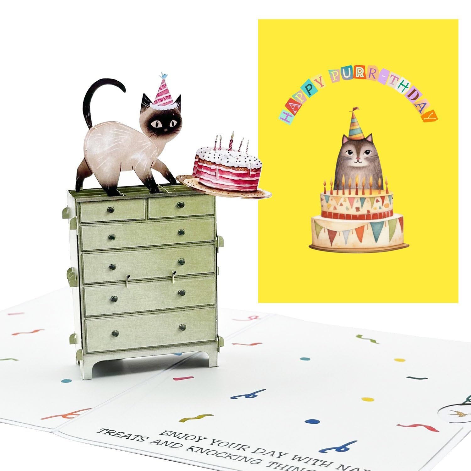 Birthday Card, Funny Cat Birthday Card, Gifts For Cat Lovers, Cat Pop Up Card With Envelope And Removable Note Card, Cute Siamese Cat.