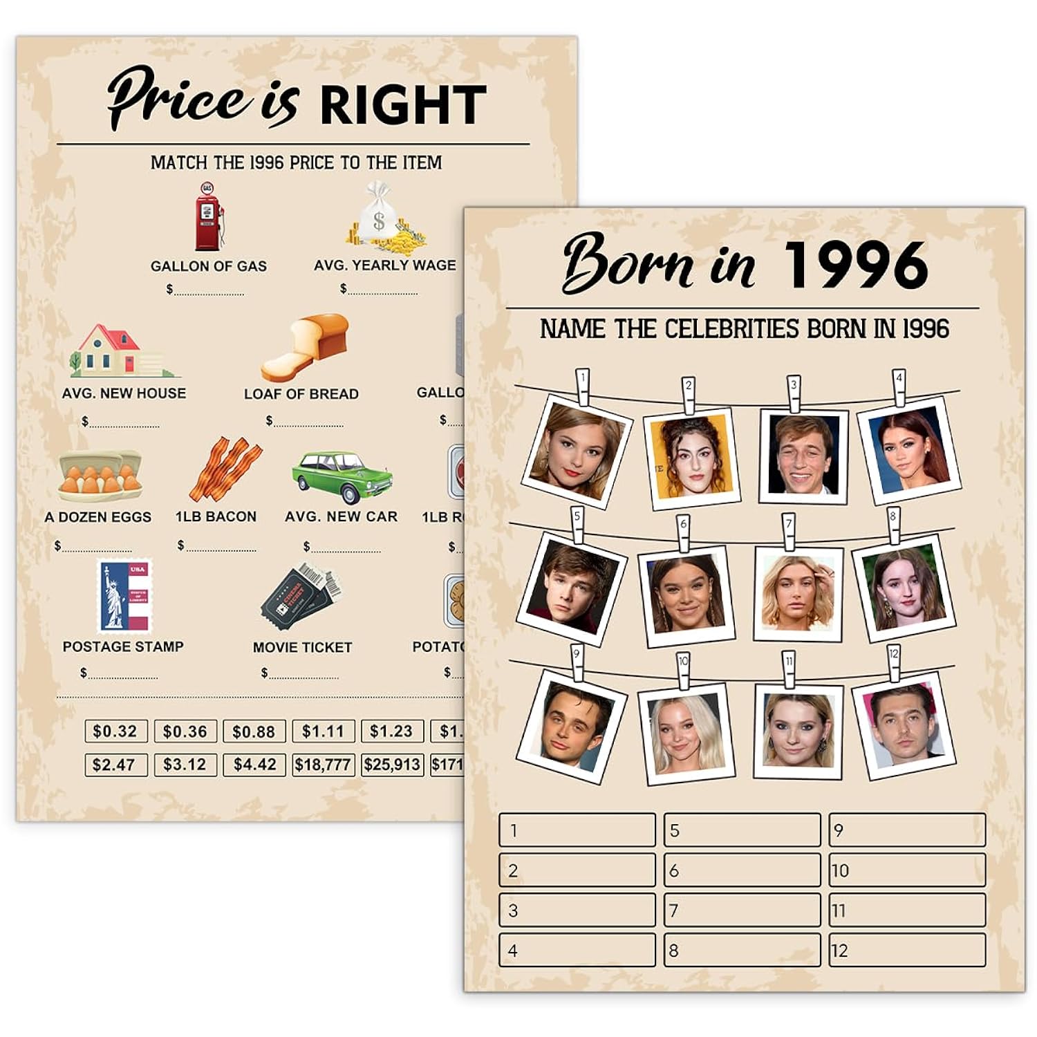 30 Th Birthday Party Games, Set Of 2 Activities For 15 Guests, Born In 1996 Games Bundle, Birthday Party Supplies For Adults, Pack Of 30 Cards