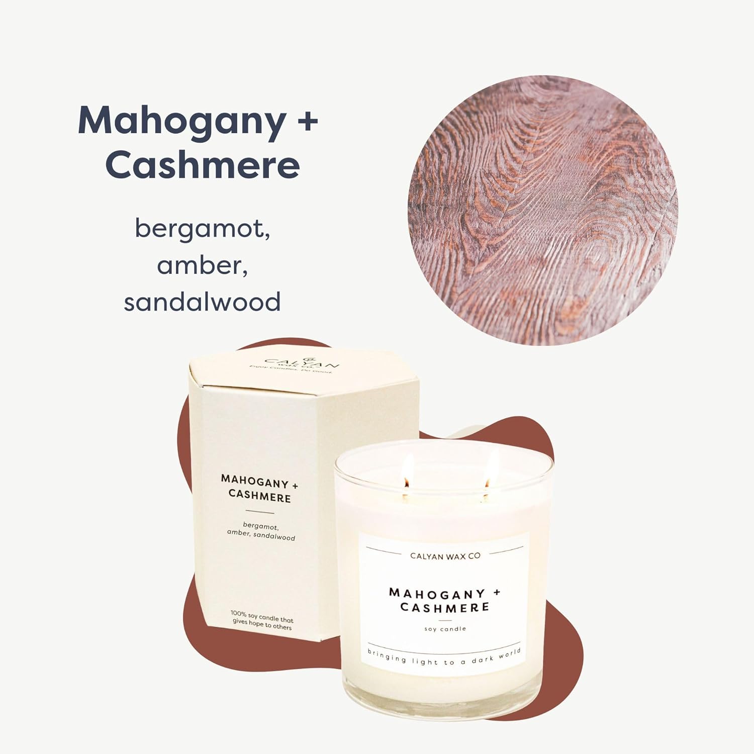 Mahogany & Cashmere 2 Wick Scented Candle - 37 Hour Burn - Luxury Non Toxic Soy Wax Candles - Long Lasting Large Glass Jar Candle For Home - 8.8Oz