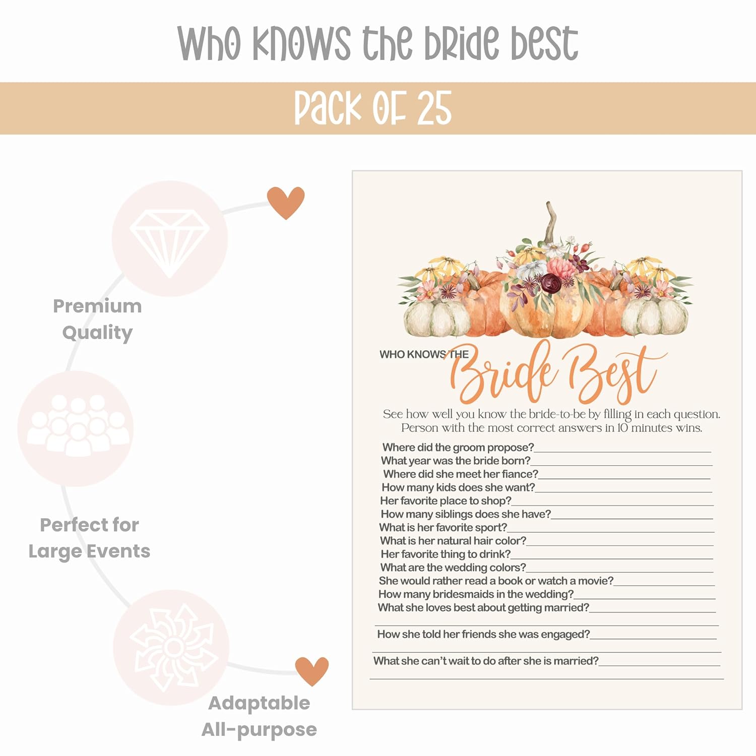 Rustic Pumpkin Bridal Shower Games Pack - 25 Guests, 5X7 Size, Premium Quality Cardstock, Fall Theme, Who Knows The Bride Best & Would She Rather, Autumn Wedding Shower Games