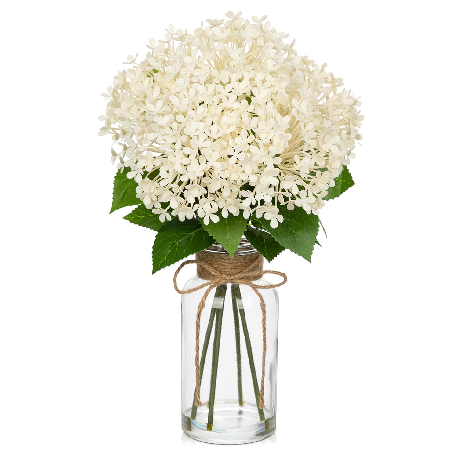 Artificial Hydrangea Flowers In Glass Vase With Faux Water, 13.8" Fake Cream Hydrangeas Arrangement Centerpiece For Home Café Kitchen Bathroom Decoration