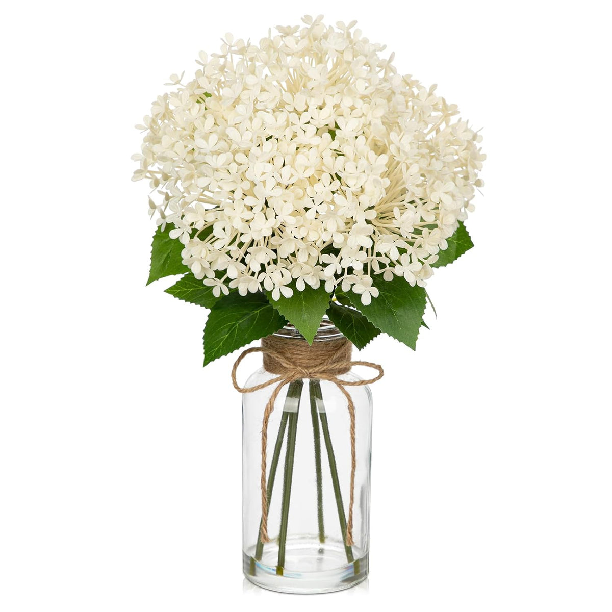 Artificial Hydrangea Flowers In Glass Vase With Faux Water, 13.8" Fake Cream Hydrangeas Arrangement Centerpiece For Home Café Kitchen Bathroom Decoration