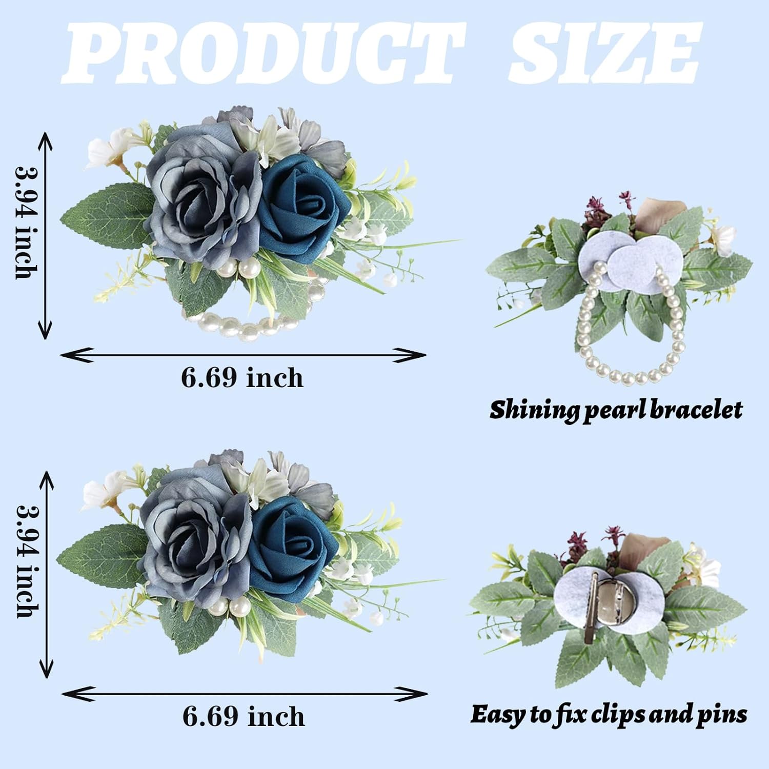 Blue Corsage And Boutonniere Set For Bride Groom, Artificial Rose Flower Wrist Corsage Bracelets Homecoming Flowers Prom Suit Accessories Boutonniere For Wedding Prom Party Decorations
