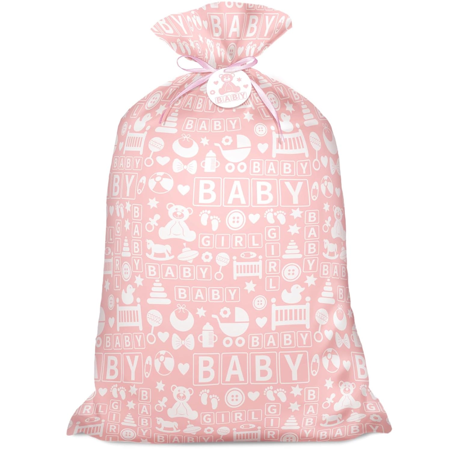 56" Pink Jumbo Plastic Gift Bag, Baby Girl Design Extra Large Plastic Bag With Tag And Tie For Birthday, Baby Shower And Holiday