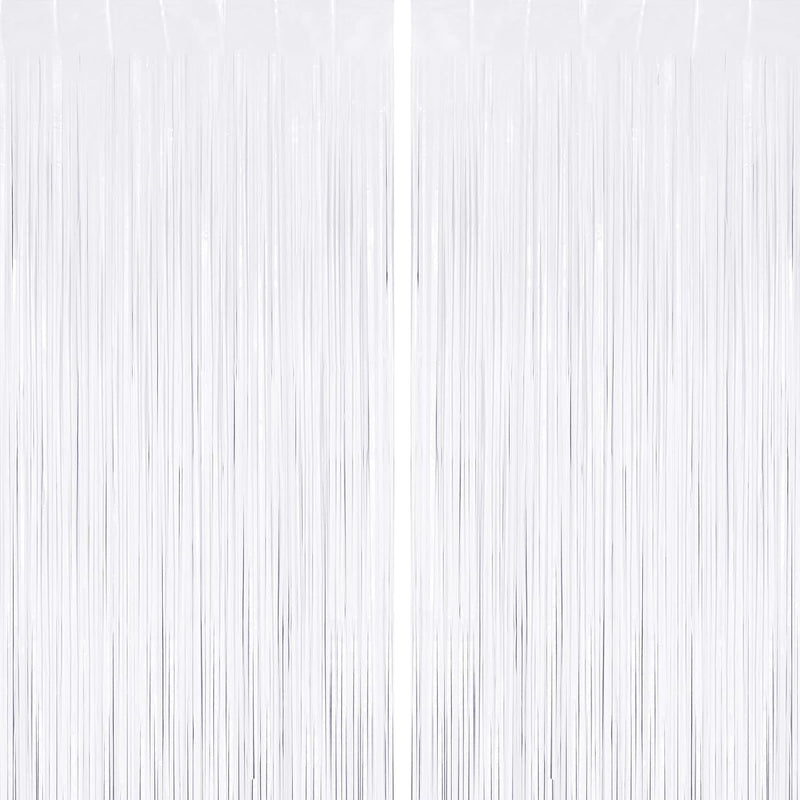 White Fringe Curtain Party Decorations 2 Pack, Foil Fringe Backdrop Cu