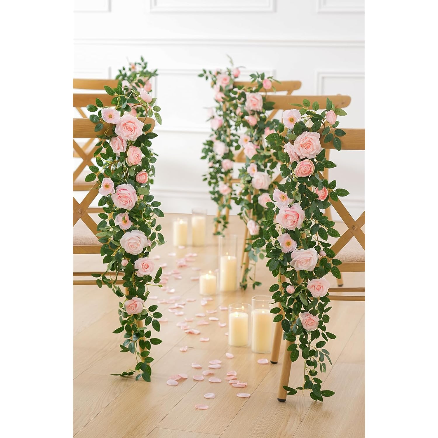 4Pcs Pink & Sage Green Hanging Flowers Garland Wedding Chair Decorations Aisle Pew Floral Swag Artificial Flowers For Ceremony Chair Back Floral Decor Reception Church Party