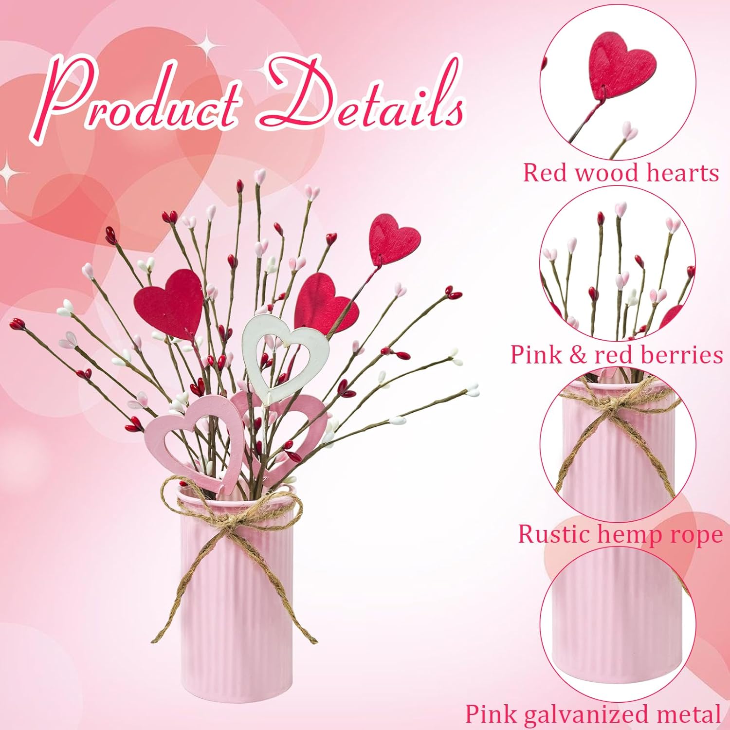 4 Sets Valentine'S Day Table Centerpiece Red Pink White Wood Heart Berry Stems Picks With Metal Pot Artificial Valentine Flowers Floral Arrangement For Wedding Party Fireplace Decor