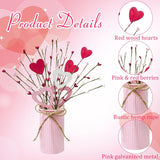 4 Sets Valentine'S Day Table Centerpiece Red Pink White Wood Heart Berry Stems Picks With Metal Pot Artificial Valentine Flowers Floral Arrangement For Wedding Party Fireplace Decor
