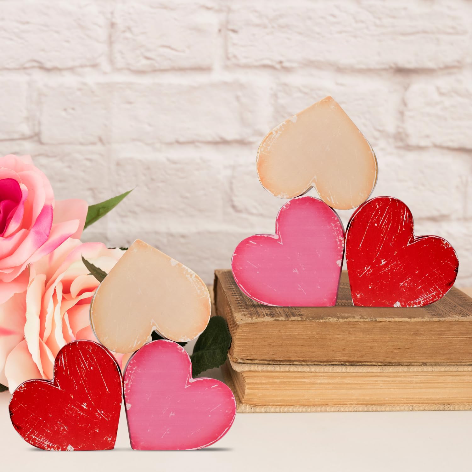 Valentines Day Decorations,6 Pcs Rustic Wooden Heart Table Decor, Valentine Tiered Tray Decor, Romantic Valentines Table Decorations For Home Office Centerpiece Fireplace Farmhouse