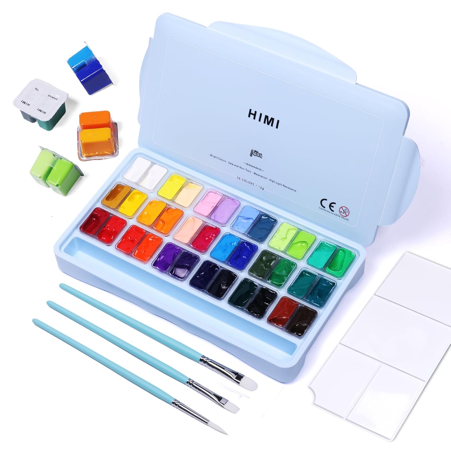 Himi Gouache Paint Set, 36 Colors X 12Ml Twin Jelly Cup Design With 3 Paint Brushes And A Palette In A Carrying Case Perfect For Artists, Students, Gouache Opaque Painting