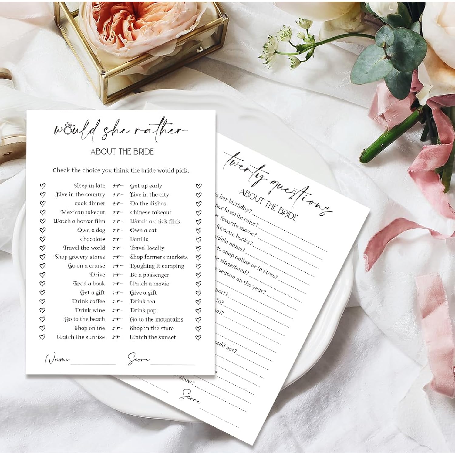 Minimalism Bridal Shower Game Cards - Would She Rather & Twenty Questions About The Bride For 50 Guests