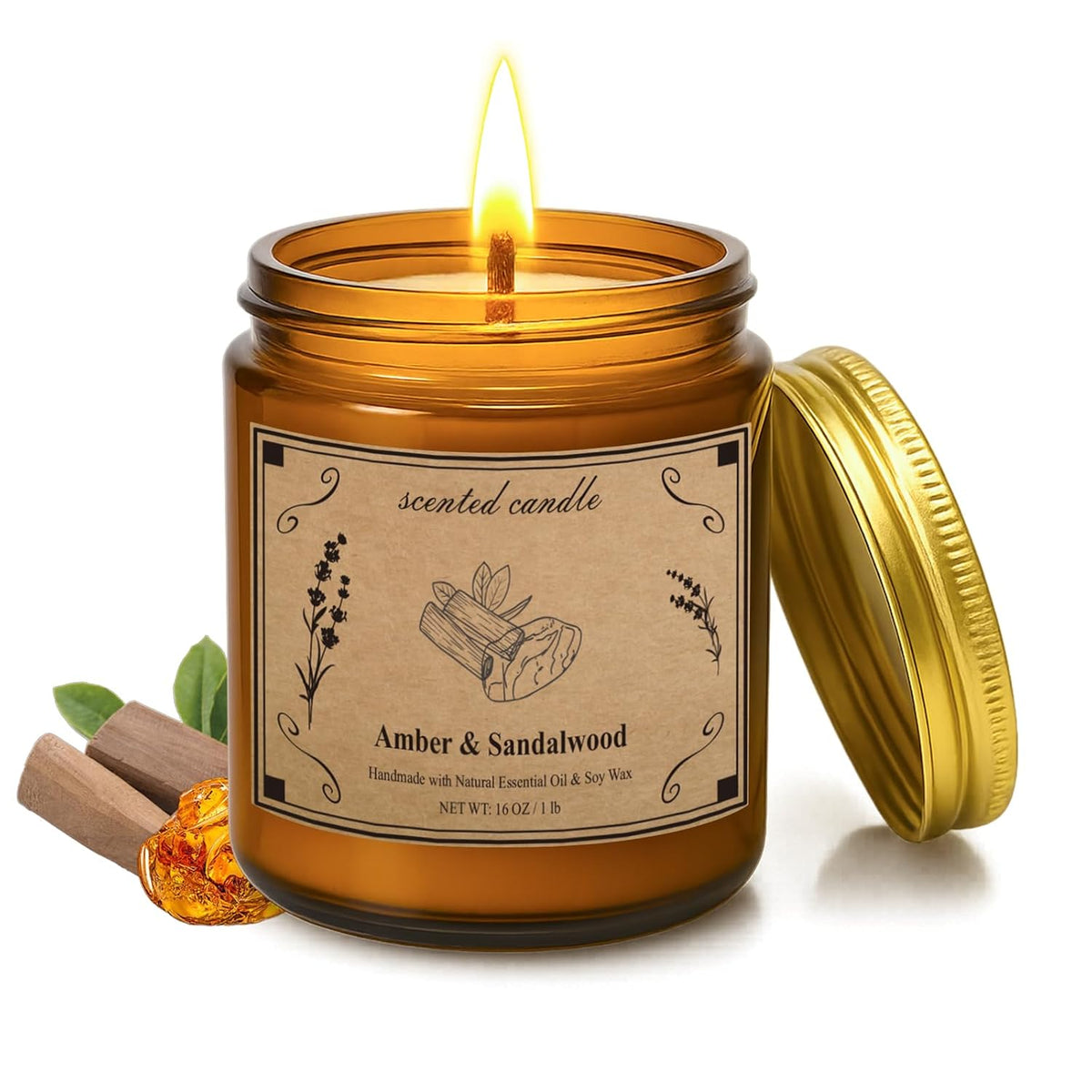 Scented Candles, 16Oz Large Jar Soy Wax Candle – Amber & Sandalwood With Premium Plant Wax Blend For Consistent Burn, Aromatherapy Candle For Home Scented, Relaxation And Gift For Women/Men