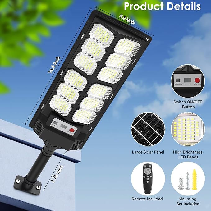 4 Pack 13000LM Solar Street Lights 6500K Waterproof Motion Sensor Security Flood Lights
