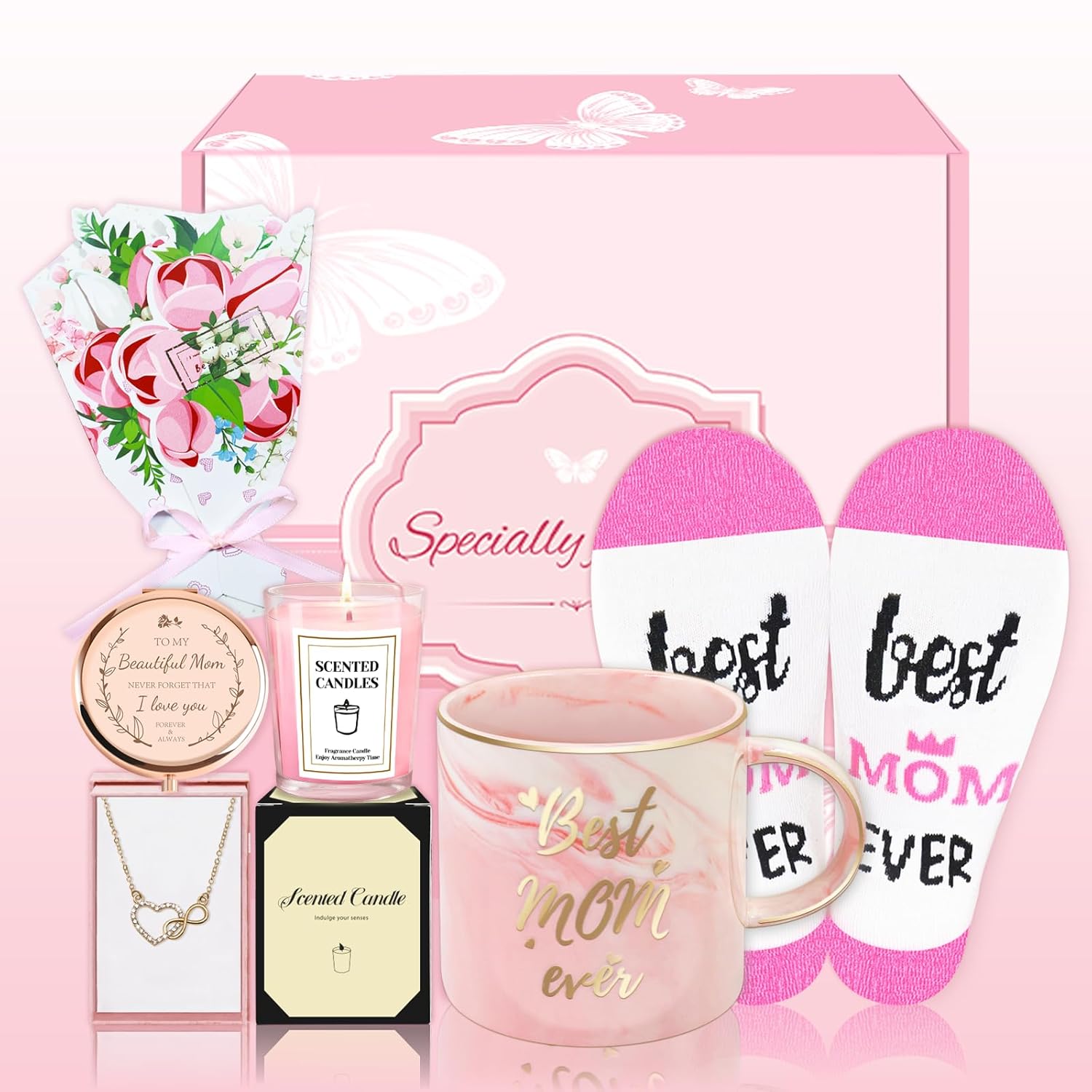 Birthday Christmas Gifts For Mom, Mom Gifts From Daughter Or Son, Mother'S Day Gift Basket, Moms Gift For Christmas, Thanksgiving, Mothers Day, Mother Basket With 12 Oz Ceramic Mug, Mirror, Necklace