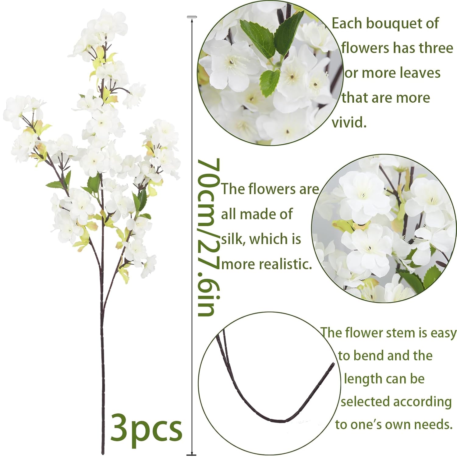 3 Pcs Cherry Blossom Branches For Vase Long Stems Artificial Flowers Spring Summer Decor White Faux Silk Cherry Blossom Branches For Home Wedding Party Table Centerpieces