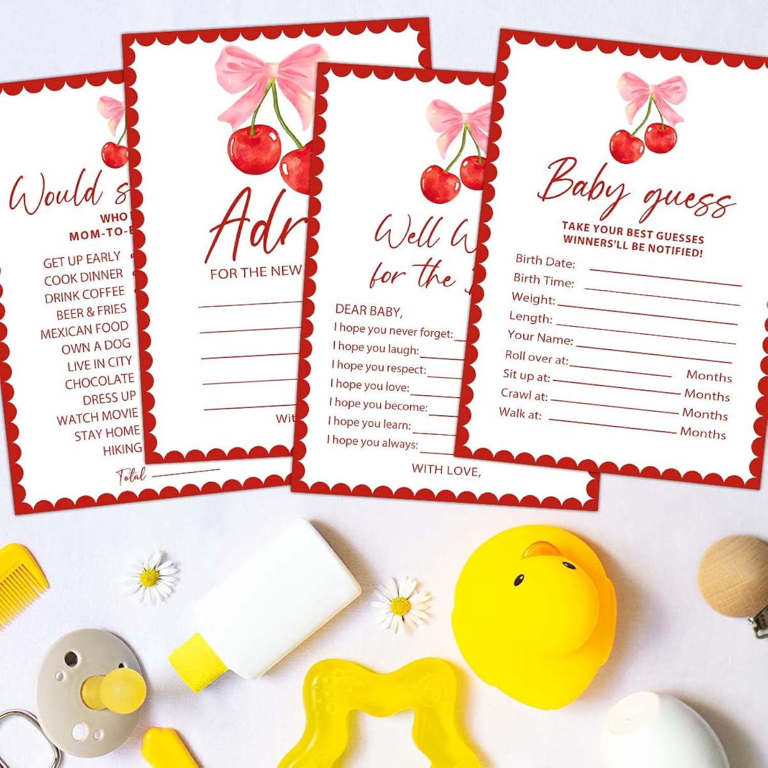 Cherry Baby Shower Game, 4 Funny Games For Boy Or Girl, Babies Guess Cards, Would She Rather, Advice For New Parents, Well Wishes For Babies, Cherry Baby Shower Decoration For 20 Guests