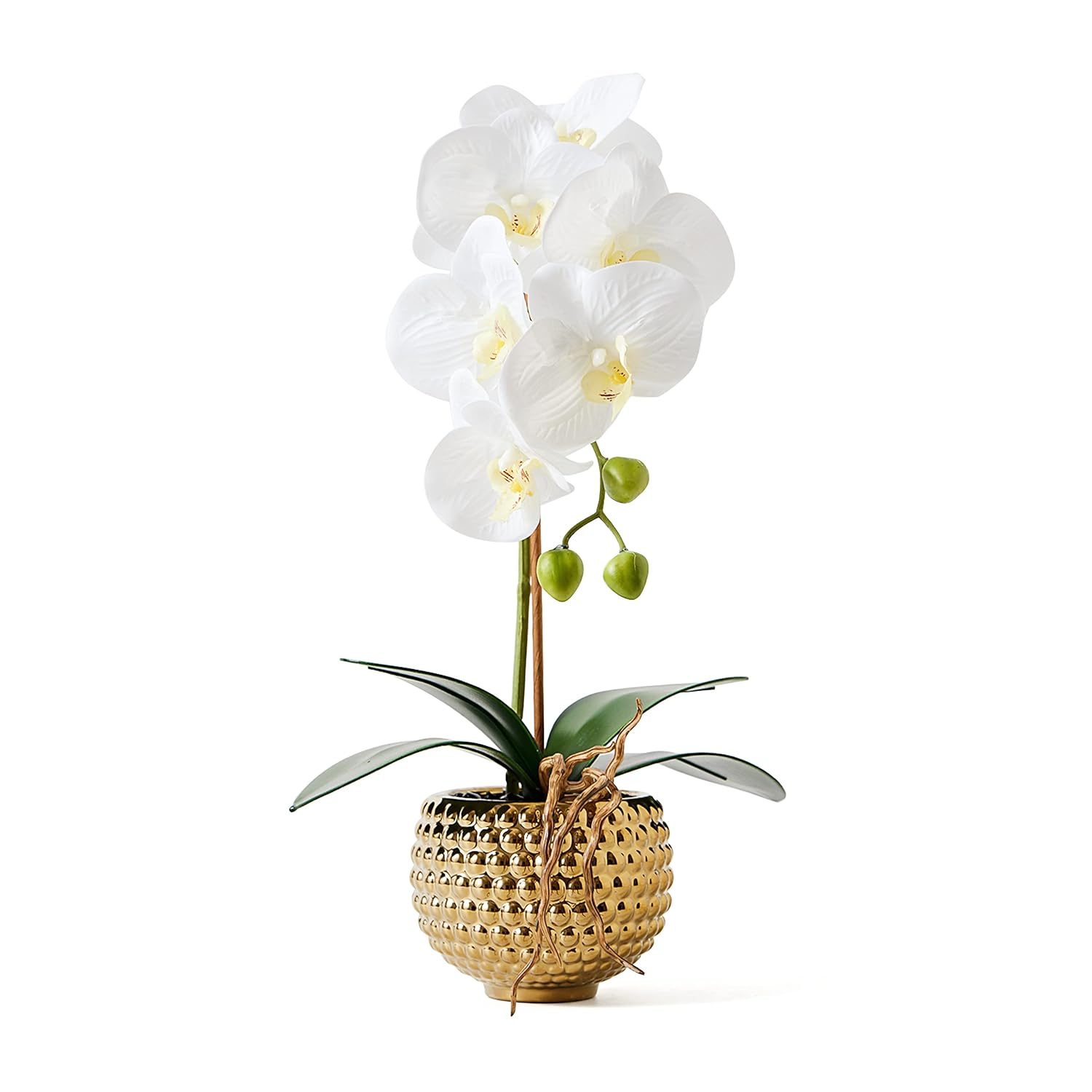 Orchids Artificial Flowers, 15" Faux Orchid In Gold Flower Pot Real Touch Flowers In Pot Large Flower Arrangements Artificial Centerpiece For Home Living Room Bathroom Kitchen Decoration (White)