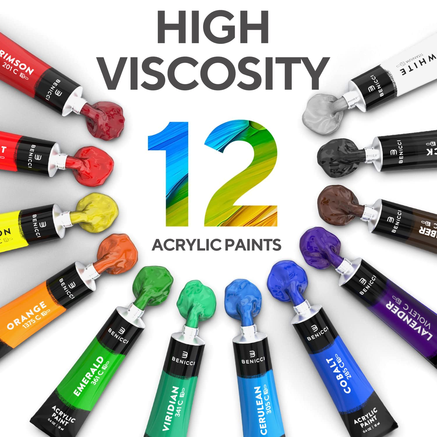 Complete Acrylic Paint Set – 12? Rich Pigment Colors & 6X Art Brushes - Includes 3 Paint Canvases, Palette Knife & Sponge - Perfect For Canvas, Clay, Ceramic - Non-Toxic, Great For Kids & Adults