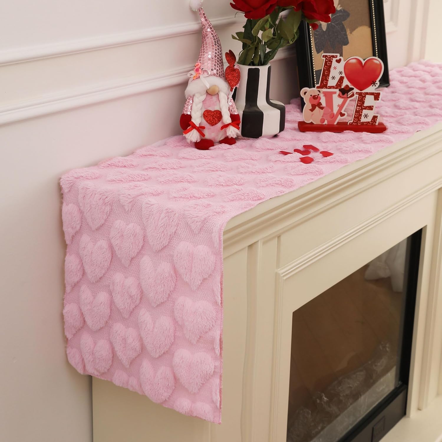 Valentines Tbale Runner 13X48 Inch Soft Plush Faux Fur Jacquard Pink Heart Table Runner, Seasonal Kitchen Dining Table Valentine'S Day Decoration For Home Party Decor Zr004B48