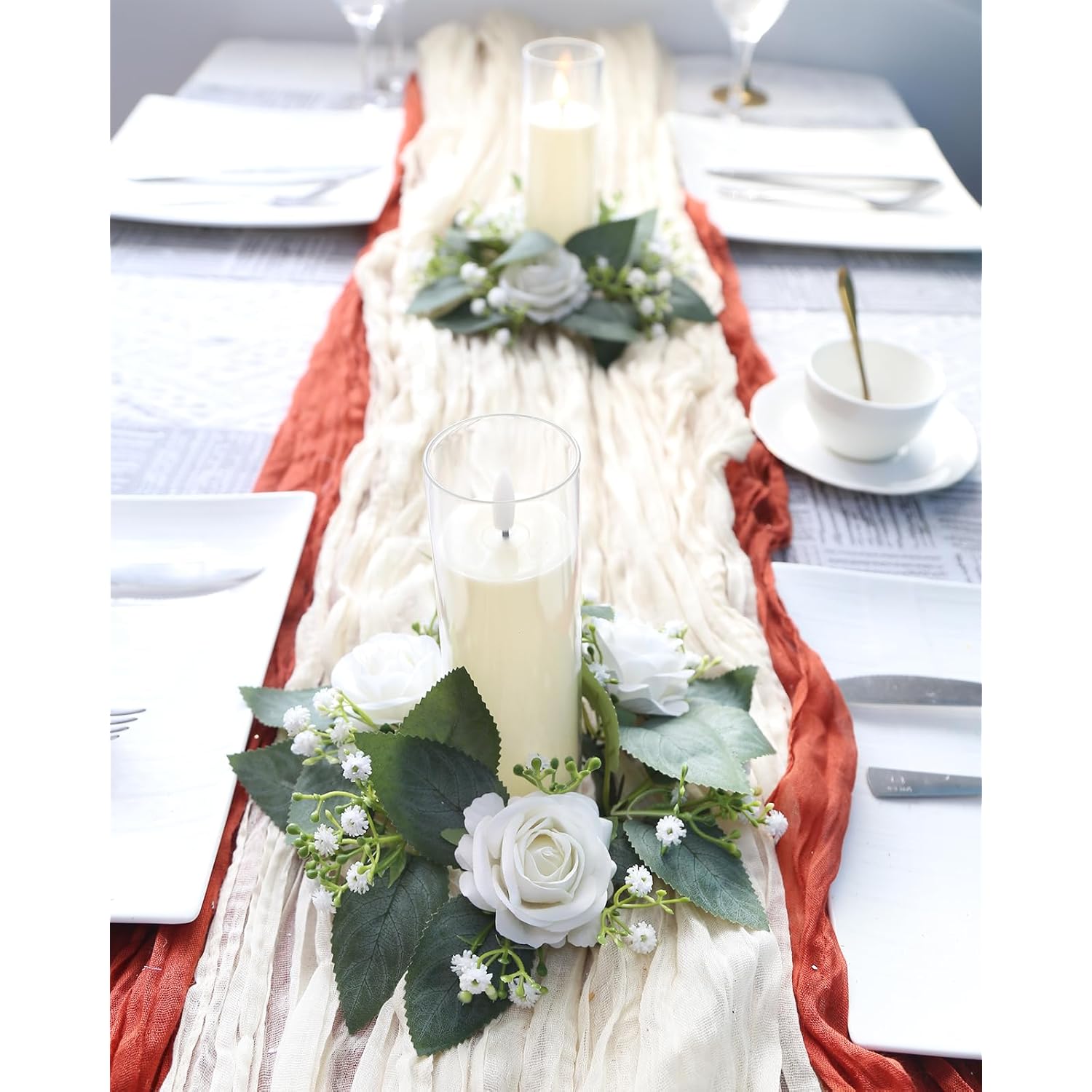 2 Pcs White Artificial Flowers Candle Rings Wreaths For Pillars, Velvet Rose Candle Wreath Rings For Wedding Table Centerpieces, Valentine'S Day, Farmhouse Home (White)