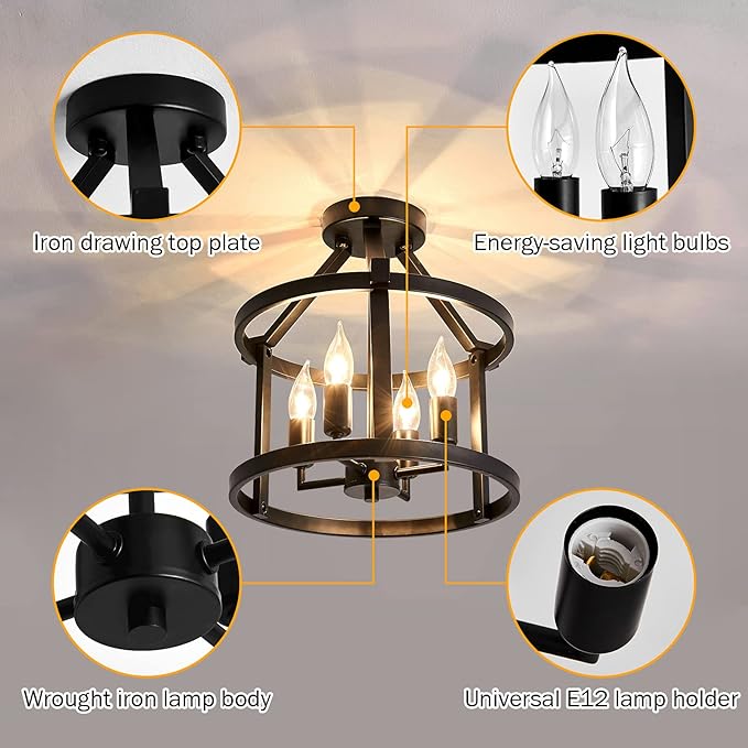 2 Pack Semi Flush Mount Ceiling Lights Farmhouse Black Metal Chandelier Fixtures