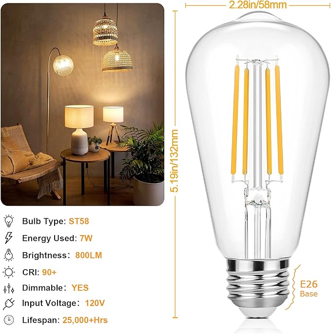 Vintage ST58 LED Edison Bulbs 60W Equivalent Dimmable 7W 3000K Warm White E26 12 Pack