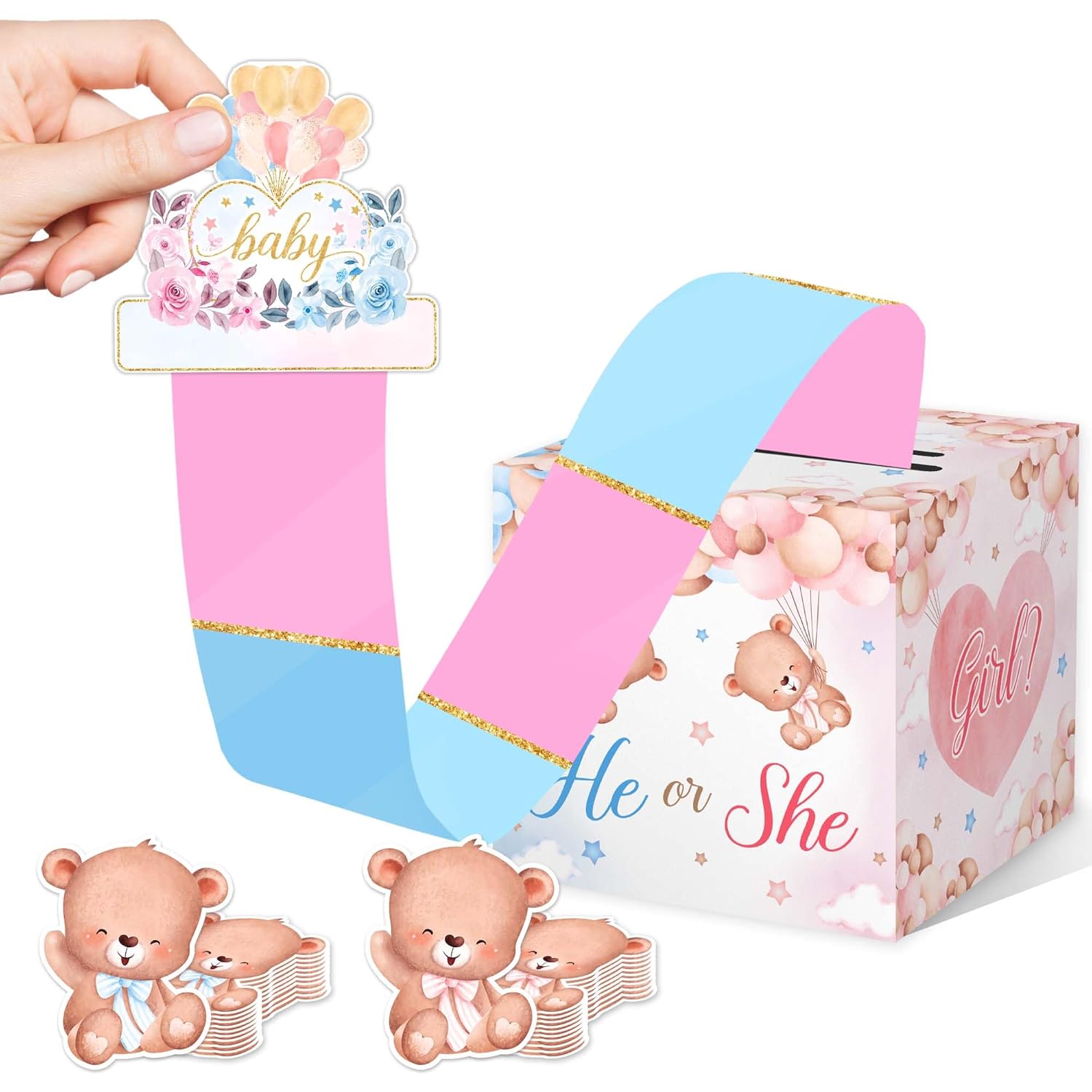 Gender Reveal Pull Out Game, Ballon Bear Gender Reveal Box, Baby Shower Game For Guests, Voting Box With 50 Ballot Cards, Boy Or Girl, Baby Shower Game Decoration