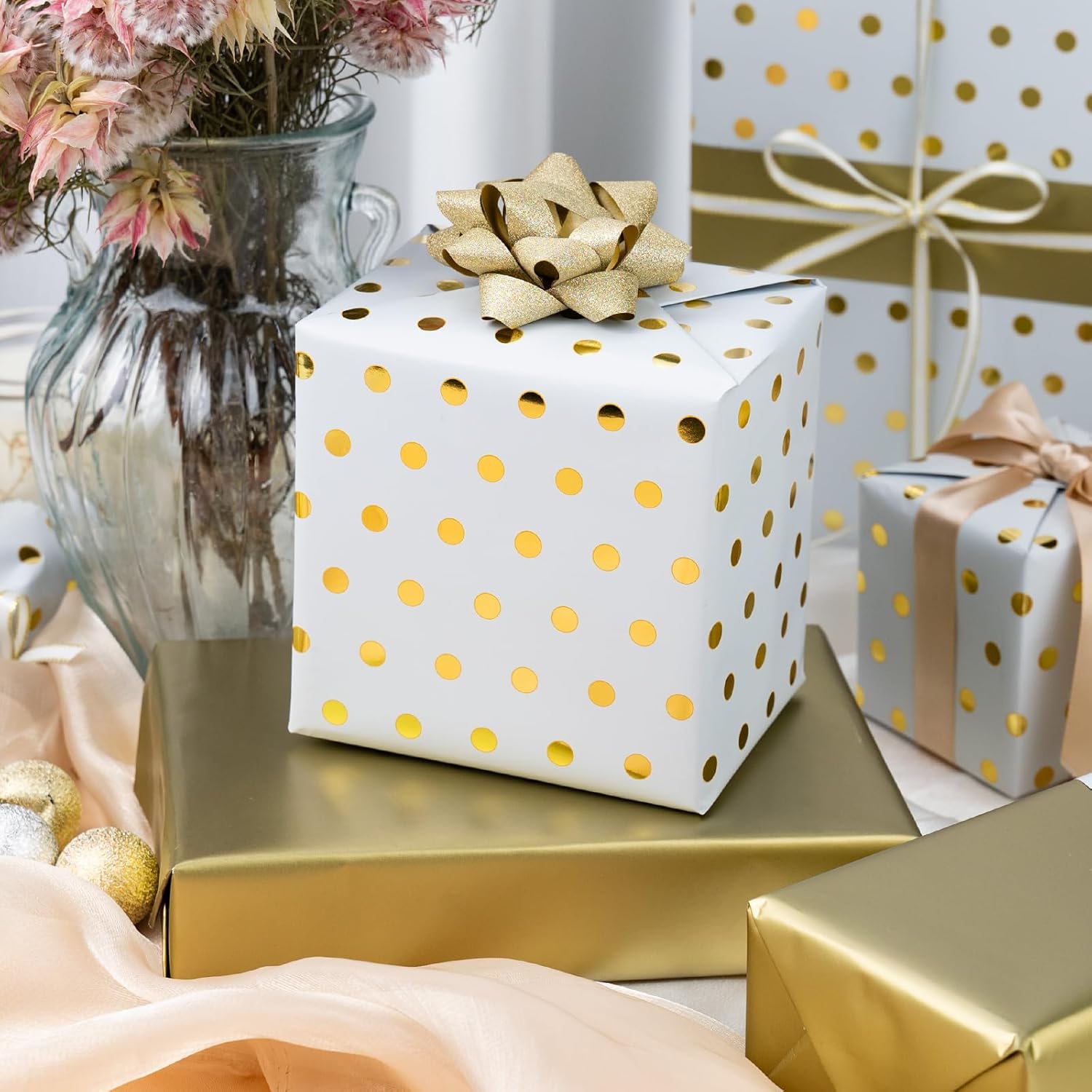 Reversible Wrapping Paper-Mini Roll,Gold Foil And Polka Dot Design For Birthday,Holiday,Party,Baby Shower (17 Inch X 32.8 Feet)