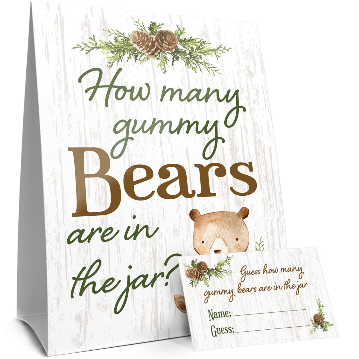 Guess How Many Gummy Bears Woodland Baby Shower Game (Sign With Cards)