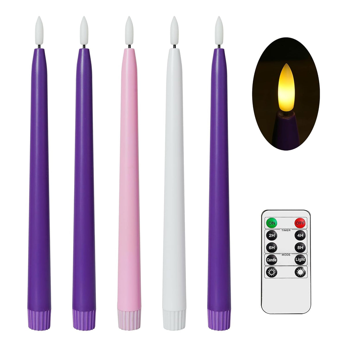 Flameless Advent Candles, Set Of 5 - Flickering Led Flame, 11 Inch Taper Candlesticks, Remote Controlled - 3 Purple, 1 Pink, 1 White For Christmas Wreath