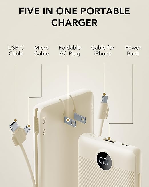 10000mAh Portable Power Bank with Built In Cables and AC Wall Plug USB C Fast Charger