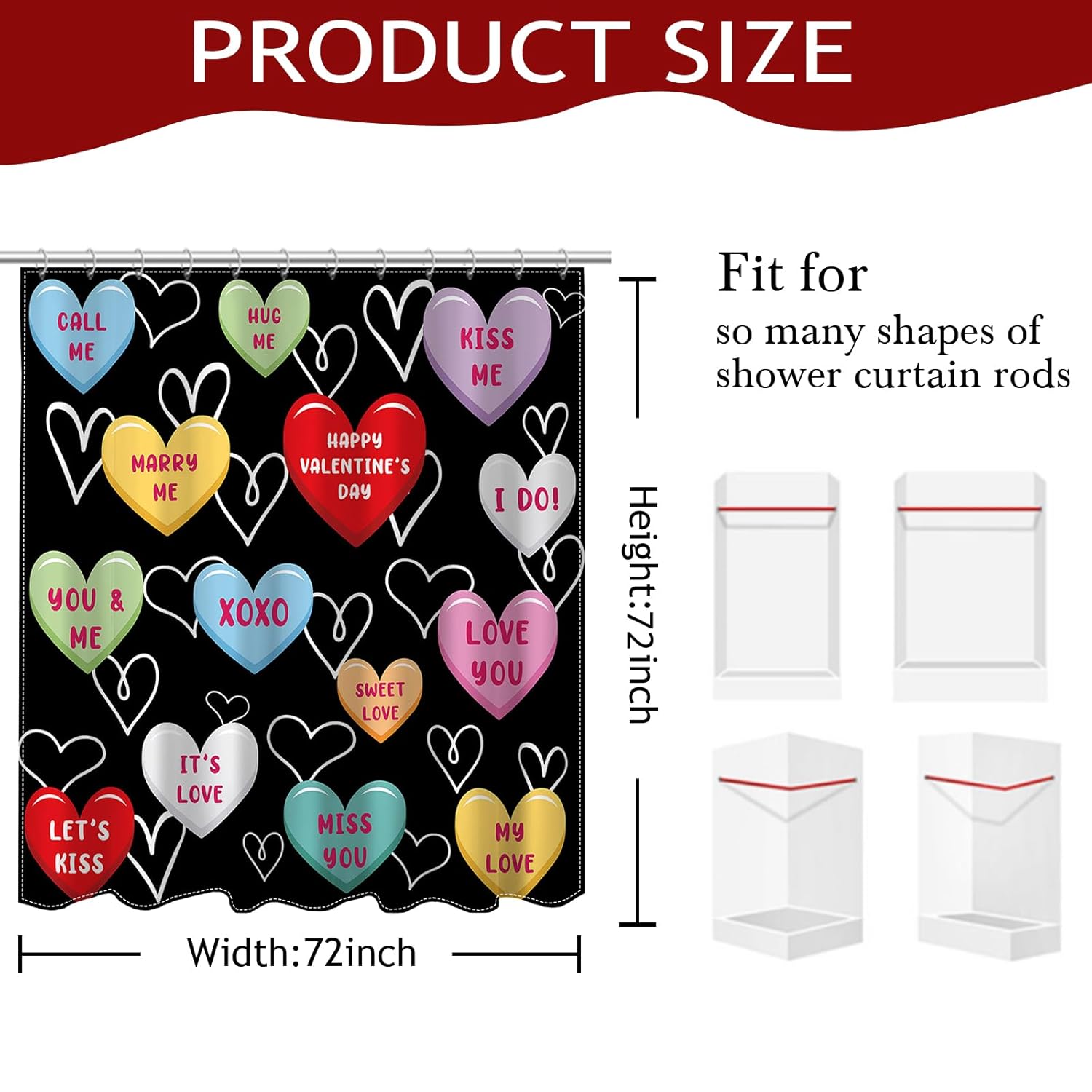 Valentines Shower Curtain For Bathroom - Sweet Heart Valentine'S Day Decor Pink Heart Shower Curtain For Romantic Heart Bathroom Decor, 72 X 72 Inch Waterproof Bath Curtain