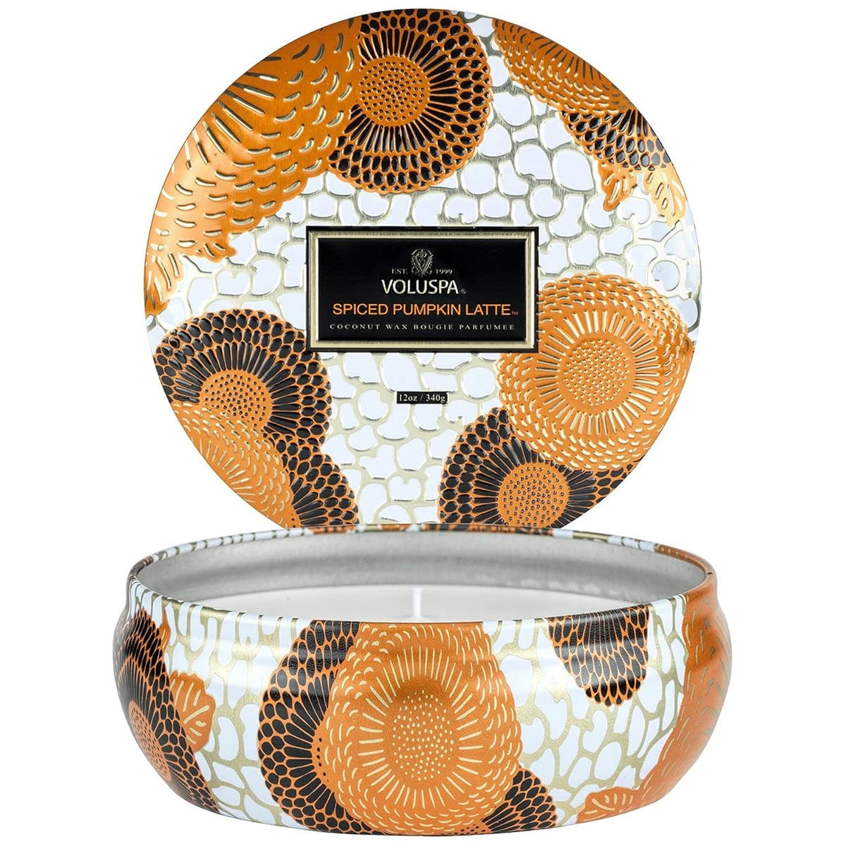 Voluspa Spiced Pumpkin Latte, 3 Wick Tin Candle, 12 Ounce, 40 Hour Burn Time, Coconut Wax for Clean Burning, Handcrafted in The USA