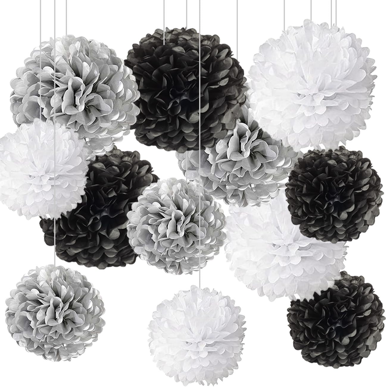 Black,White and Silver Hanging Tissue Paper Pom Poms,Black White Party Decorations(12 PCS)