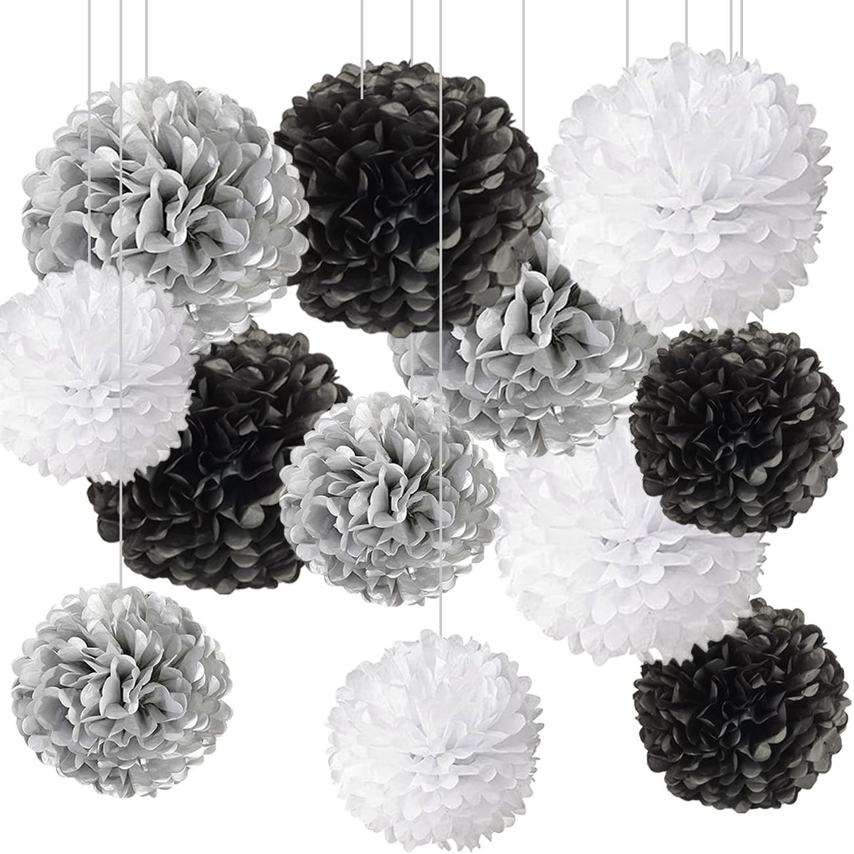 Black,White and Silver Hanging Tissue Paper Pom Poms,Black White Party Decorations(12 PCS)